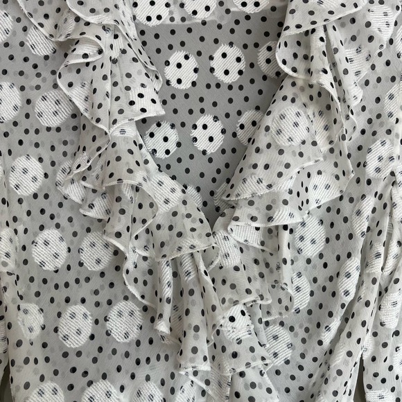 SALONI Iman Silk Wrap Blouse White Black Polka Dot Ruffles Sheer Contemporary - Picture 12 of 16
